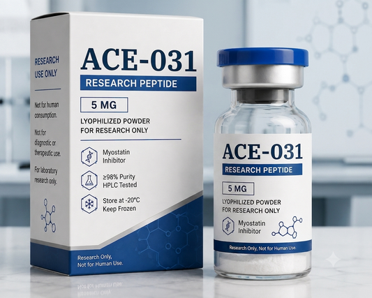 White cardboard box and glass vial labeled ACE-031 Research Peptide 5 MG lyophilized powder with blue cap and molecular stru…