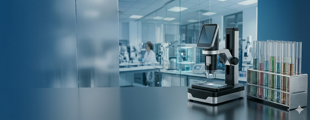 Laboratory illustration with microscopy equipment and sample tubes